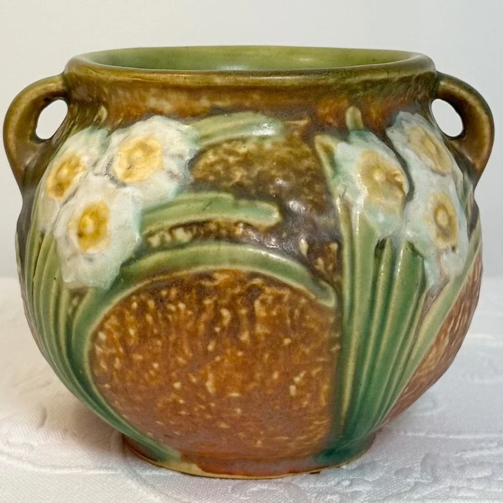 Antique 1930s Roseville Pottery Jonquil Jardiniere Squat Vase Double Handled